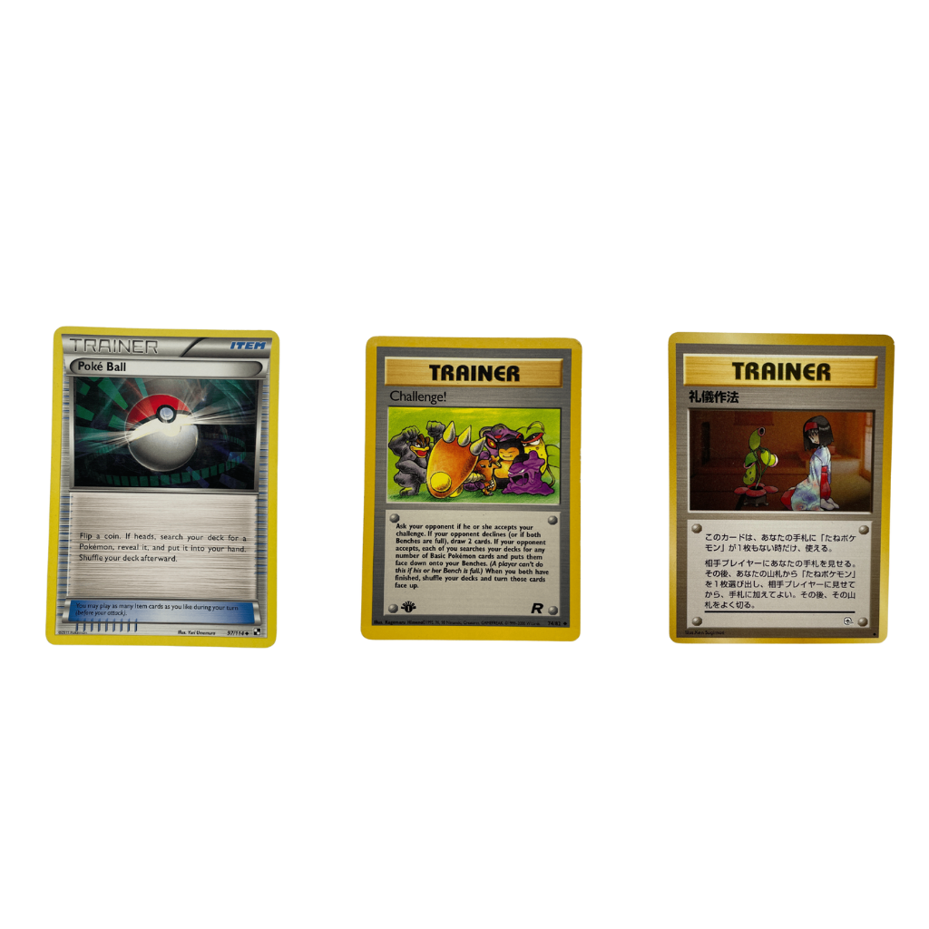Tre Pokémon Trainer-kort: Poké Ball (Item), Challenge! (Rocket), og japansk Erika Trainer-kort med Bellsprout – ikoniske kort til deck-strategi og samling.