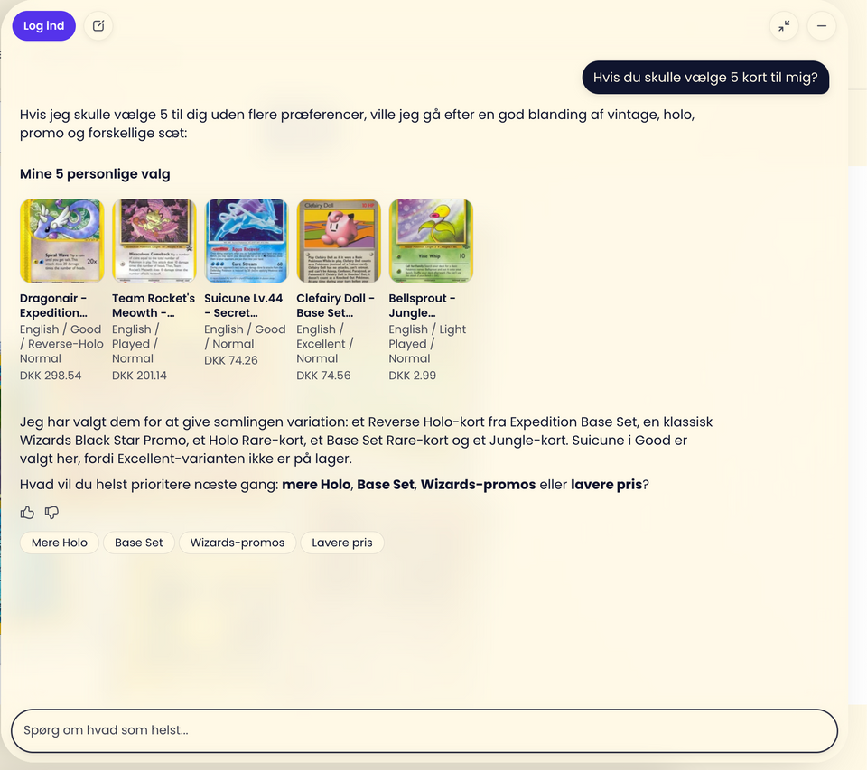 CollexyLux AI-shoppingassistent foreslår fem konkrete Pokémonkort ud fra en åben købsforespørgsel