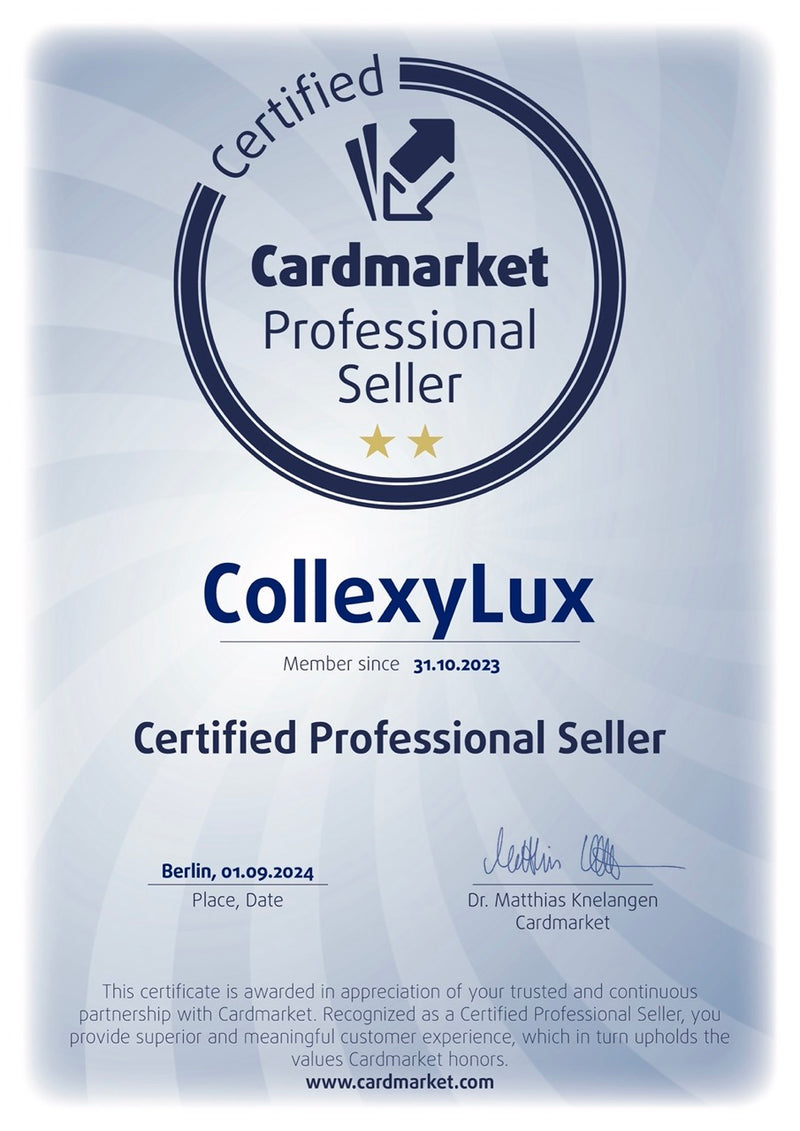 CollexyLux-certifikat som certificeret Professional Seller på Cardmarket
