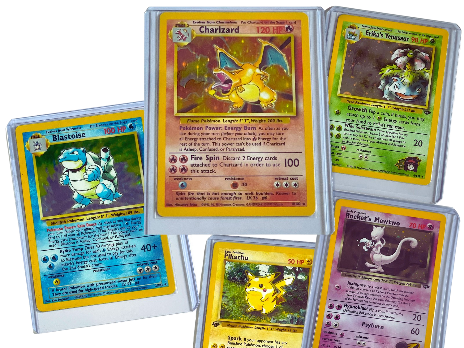 Vintage Pokémon singles med Charizard, Blastoise, Erika’s Venusaur, Rocket’s Mewtwo og Pikachu