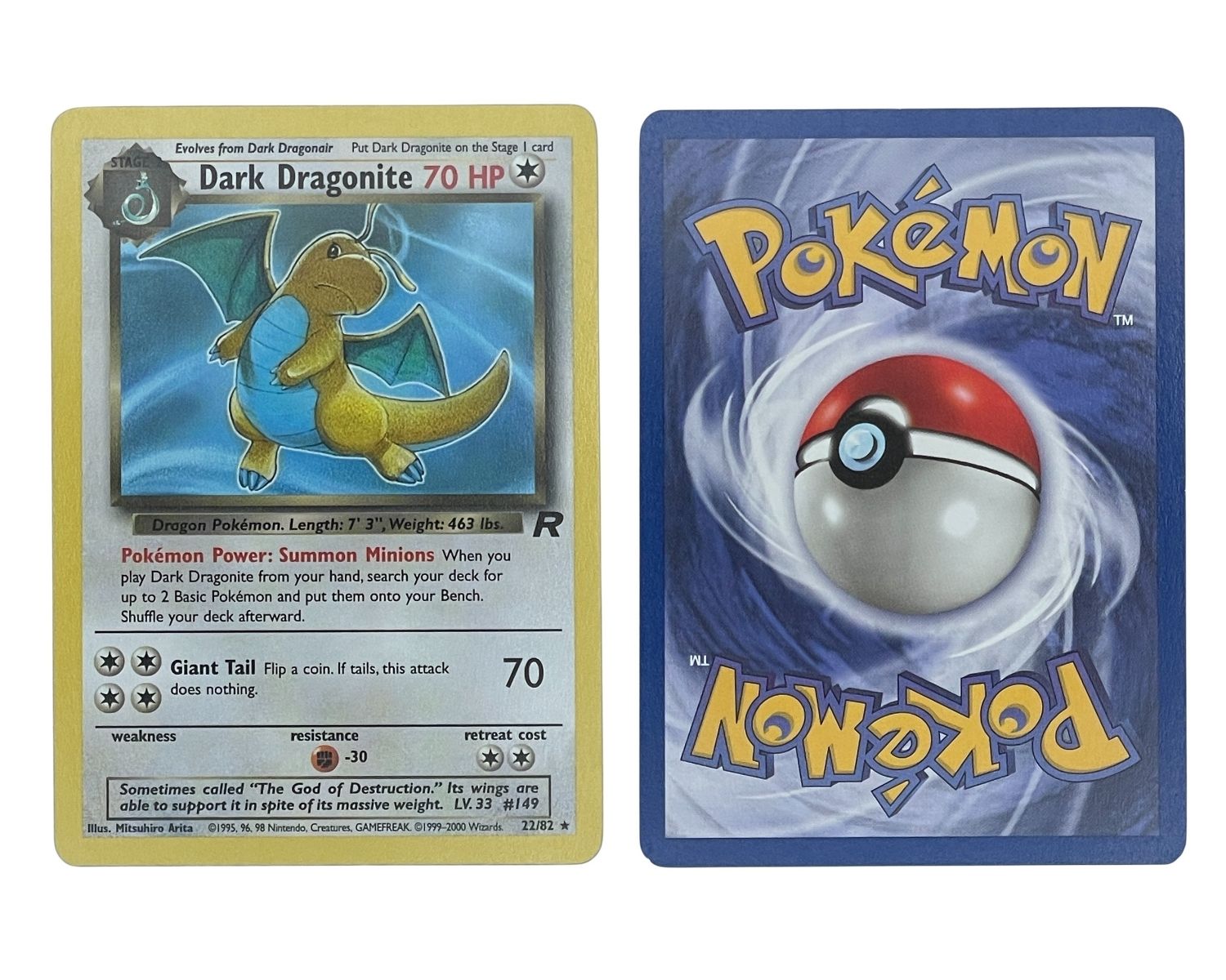 Originalt Pokémonkort – Dark Dragonite Rare forside + bagside fra Team Rocket, kort nr. 22/82 – CollexyLux