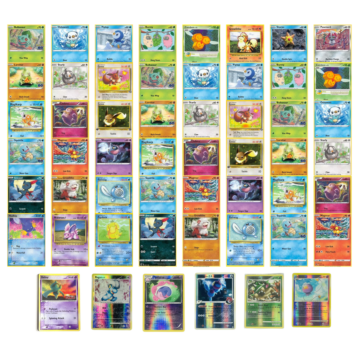 Illustrativt produktbillede af et lot med 108 blandede Pokémonkort og eksempler på Reverse Holo-kort fra CollexyLux. Kortene kan variere.
 Kopiér ALT