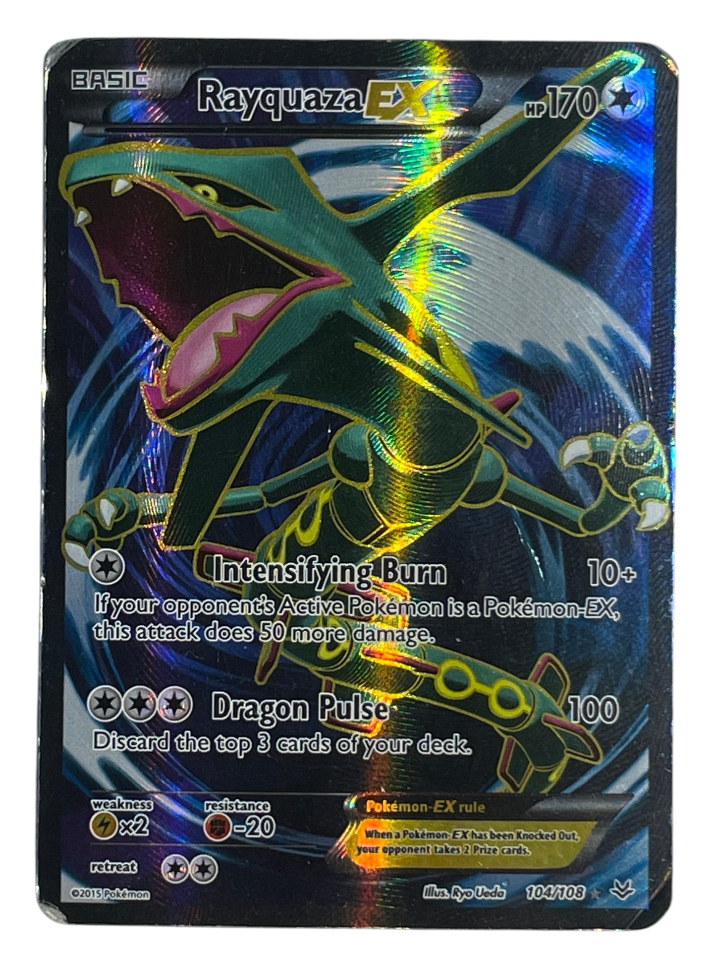 Rayquaza EX 104/108 fra Pokémon Roaring Skies – fuldt billede af kortets forside