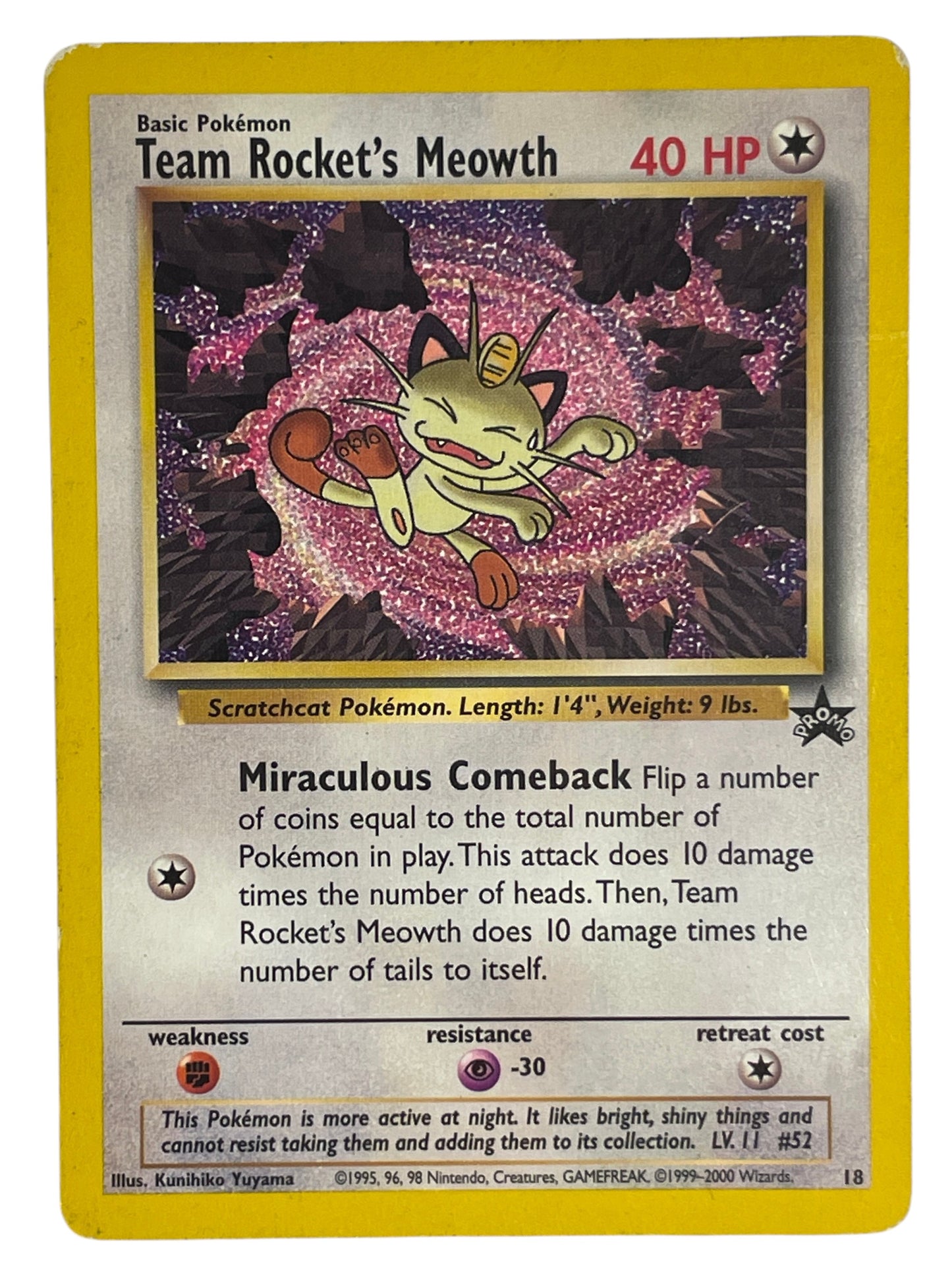 Team Rocket’s Meowth 18 fra Pokémon Wizards Black Star Promos – fuldt billede af kortets forside